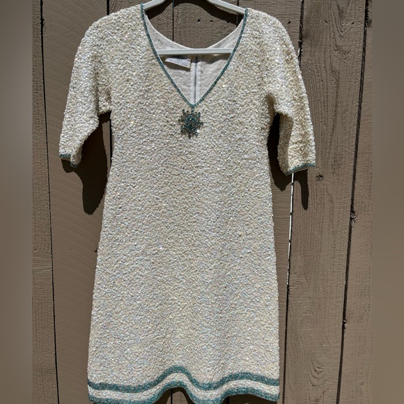 Vintage Gene Shelly’s Boutique White Sequin Blue Bead Rhinestone Mini Dress - Picture 11 of 15